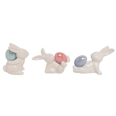 Transpac Large Ceramic Bunny and Egg Figurine Set of 3 Decorative Animal Figurines for Easter White Tabletop Decor