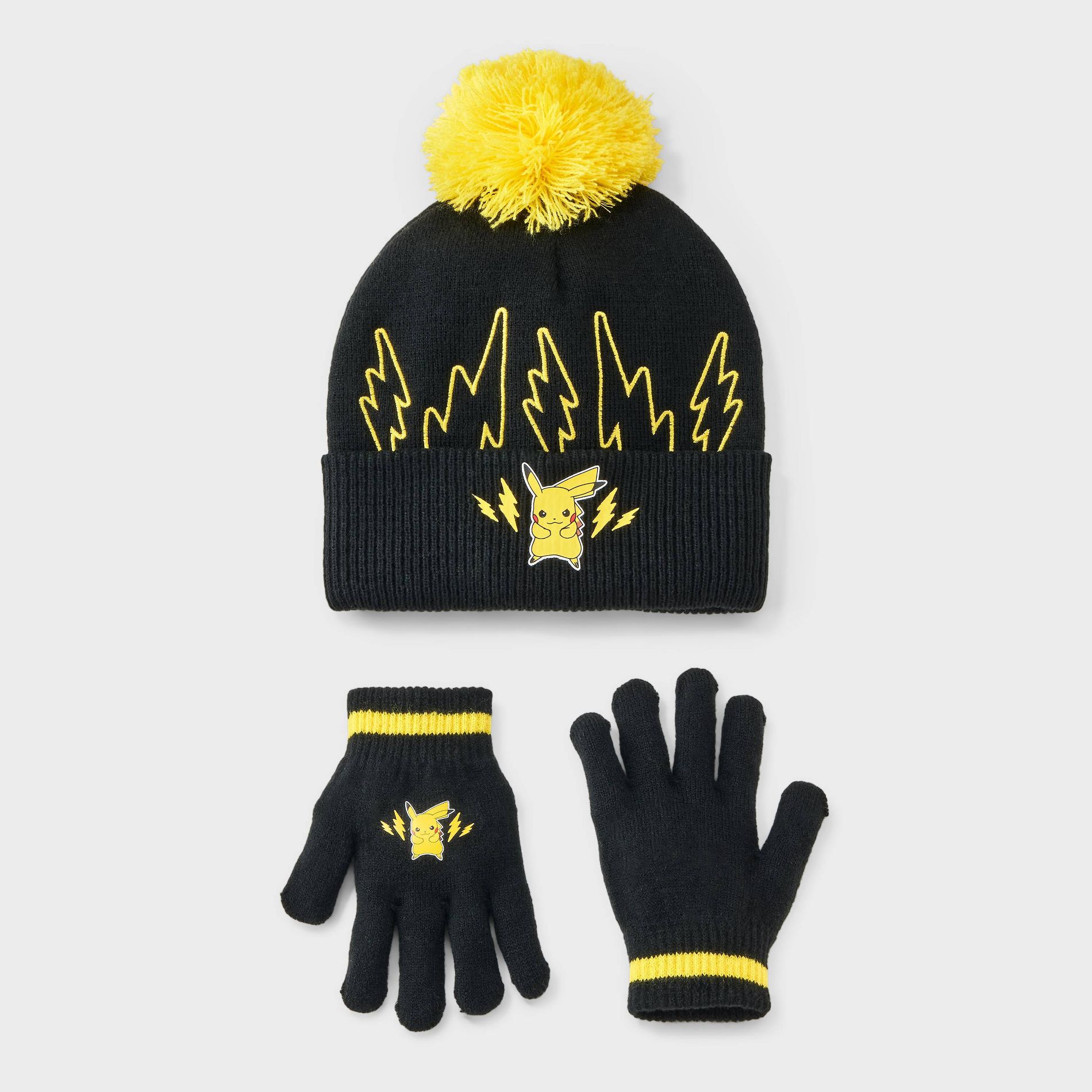 Pokemon Kids' Knit Beanie Hat & Glove Set - Black/Yellow
