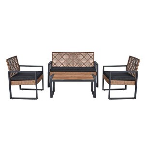 Ridstar Modern 4-Piece Outdoor Patio Furniture Set with Black Cushions & Rosewood Tabletop-Light Brown - 1 of 4