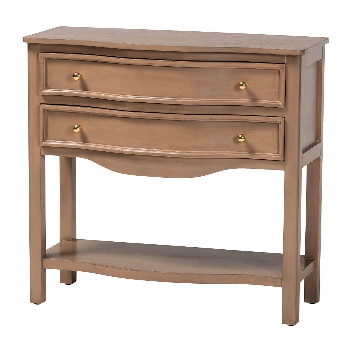bali & pari Kelila Console Table with Curved Front 2-Drawer Entryway Table with Open Shelf Brown