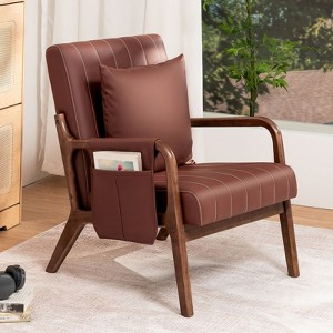 Hommpa Mid-century Accent Chair Ergonomic Leather Armchair with Wood Frame & Lumbar Pillow Brown - 1 of 4