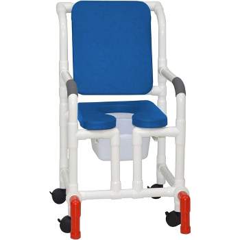 MJM International Corporation Shower chair 18 in width 3 in BLUE seat BLUE cushion padded back true vertical open 10 qt slide mode pail 300 lb wt