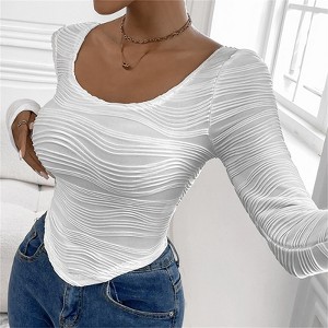 Clotth Women's Ribbed Layering Top - Deep Crew Neck Long Sleeve Basic T-Shirt, Fitted Base Layer Top, Chic Casual Wear, White with Ribbed Texture - 1 of 4
