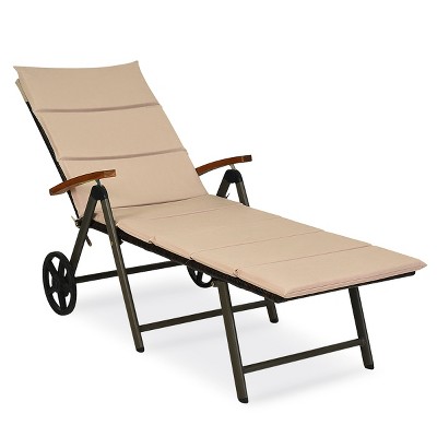 Tangkula Folding Outdoor Rattan Chaise Lounge Chair Cushioned Recliner w/ Wheels Beige