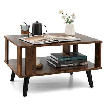 Costway Coffee Table Retro Mid-Century Coffee Table W/Storage  Open Shelf Living Room