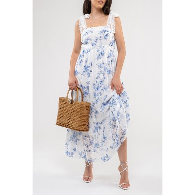 Blue Floral Lace Trim Sleeveless Chiffon Midi Dress