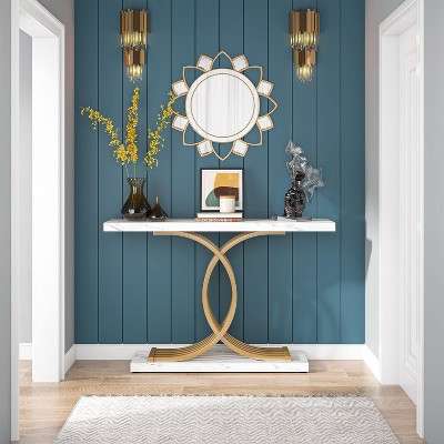 Luxurious White Faux Marble and Gold Metal Console Table with Storage
