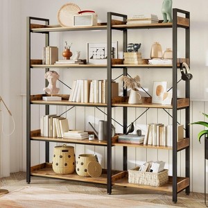 Triple 5 Tier Shelf Bookshelf, Display Book Shelf, Wide Bookcase, Rustic Wooden Shelving Unit, for Room, Bedroom, Living Room, Home & Office Shelving - 1 of 4