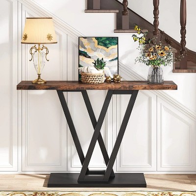 Rustic Brown and Black Metal Console Table with Storage