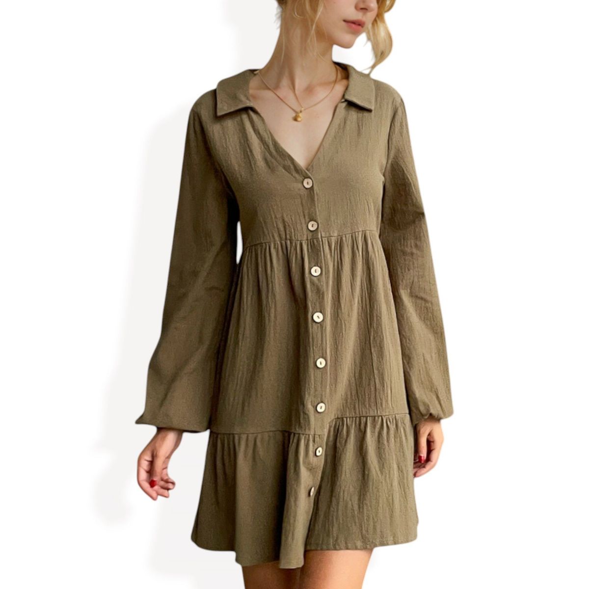 Anna-Kaci Women's Collared Button-Down Tiered Mini Dress