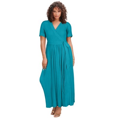 Roaman's Women's Plus Size Wrap Maxi Crinkle Dress