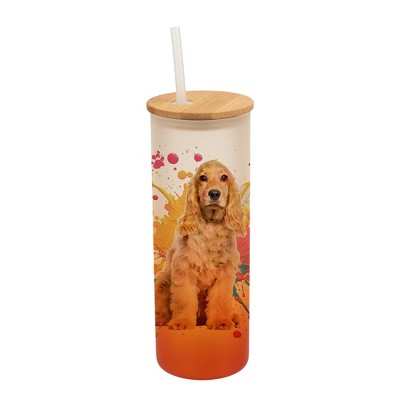100 North 25 Ounce Frosted Glass Gradient Travel Tumbler With Straw & Wooden Lid, Cocker Spaniel Dog Paint Splatter Orange