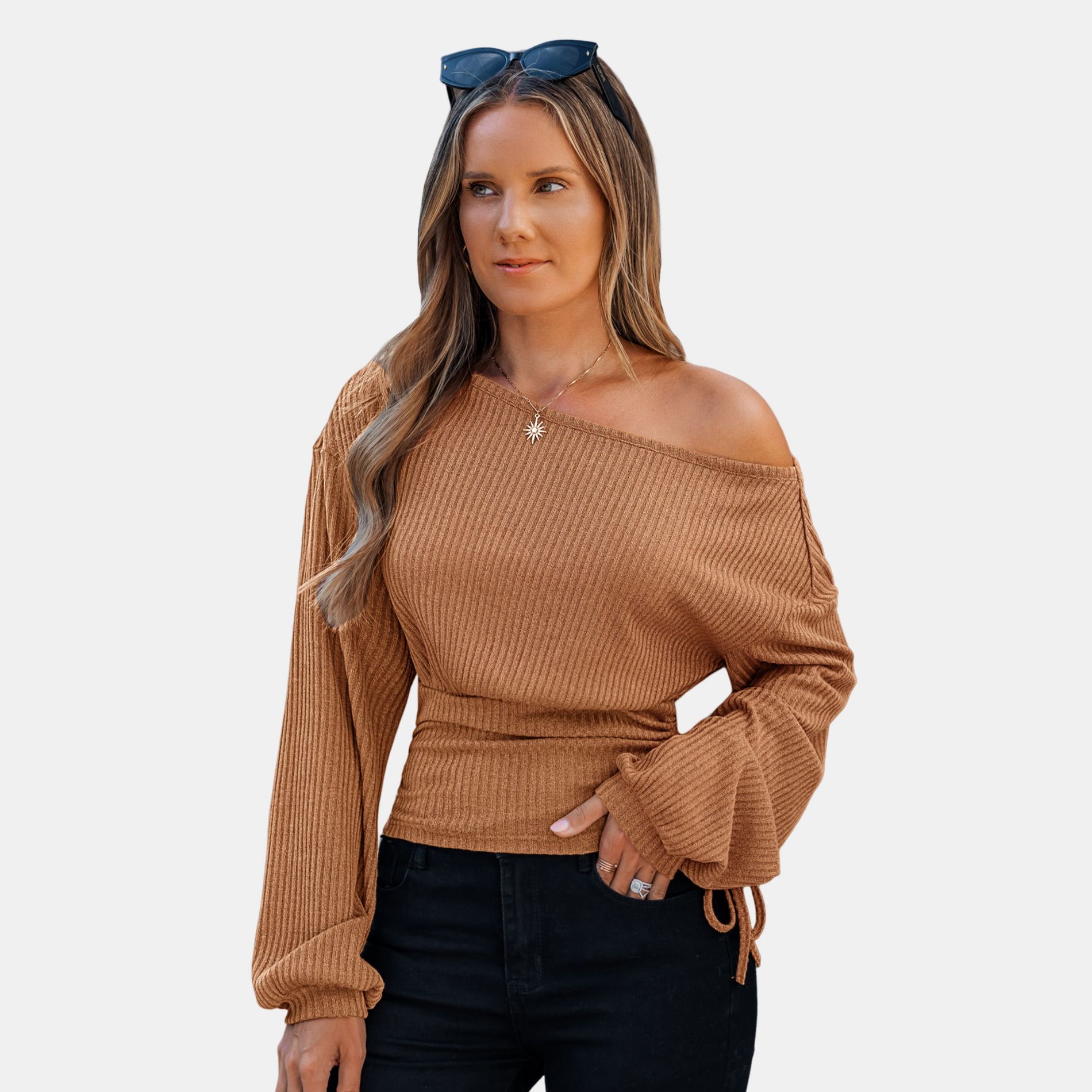 Women's Cozy Off-Shoulder Knit Top with Side - Cupshe-S-Brown