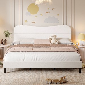 Bed Frame with Teddy Velvet Soft Curved Headboard, Platform Bed with Wooden Slats Support, Easy Assembly, Noise-Free, White - 1 of 4