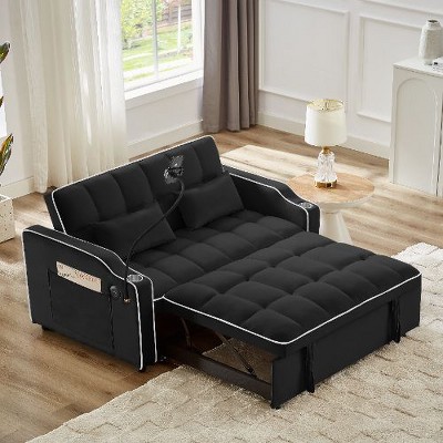 Kumasinova Foldable Futon Sofa Bed with USB & Phone Stand – Adjustable Back, Velvet Pull-Out Bed with 2 Pillows, Versatile Couch for Living Room
