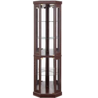 Vynxaria Lighted Corner Glass Cabinet in Dark Cherry - Curio Display Case for Living Room, Antique Collection, Wine, and Bar Glass Storage Included