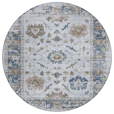 Blue And Gray Floral Washable Indoor Outdoor Area Rug