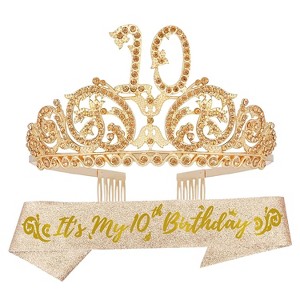 DORADREAMDEKO 10th Birthday Sash and Tiara for Girls - Fabulous Glitter Sash + Forest Rhinestone, Gold - 1 of 4