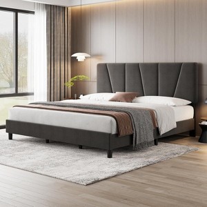 Homhougo Twin Size Bed Frame with Adjustable Headboard, Linen Upholstered Twin Platform Bedframe with Strong Wooden Slats, Easy Assembly, Grey - 1 of 4