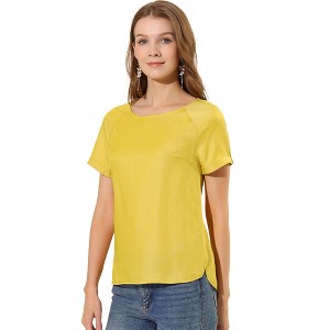 Allegra K Women's Round Neck Raglan Sleeves Side Slit Chambray Top - 1 of 4