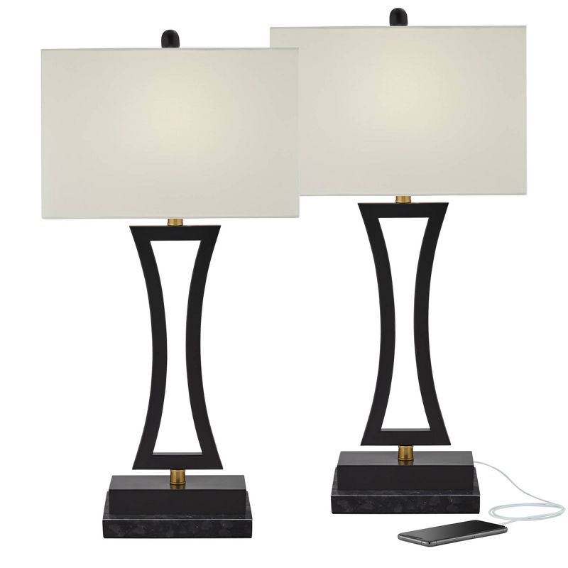 360 Lighting Roxie Modern Table Lamps Set of 2 with Marble Risers 31" Tall Black Metal USB Port Rectangular Fabric Shade for Bedroom Living Room House, 1 of 10