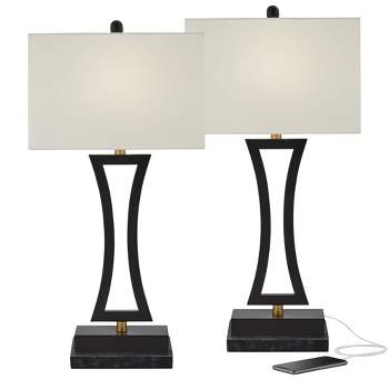360 Lighting Roxie Modern Table Lamps Set of 2 with Marble Risers 31" Tall Black Metal USB Port Rectangular Fabric Shade for Bedroom Living Room House