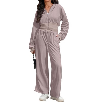 ATHLECHIC Women's Outfits Tracksuits Casual Cropped Hoodie Wide Leg Pants Travel Workout Lounge 2 Piece Sets