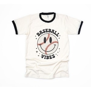 Simply Sage Market Women's Baseball Vibes Smiley Face Short Sleeve Ringer Tee - 1 of 3