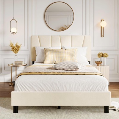 Bed Frame w/Adjustable Headboard - Velvet Upholstered Platform, Wood Slats, No Box Spring Needed, Easy Assembly