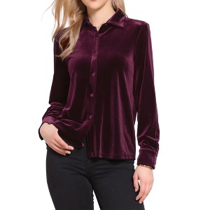 INSPIRE CHIC Women's Vintage Velvet Button Down Collared Long Sleeve Shirt - 1 of 4