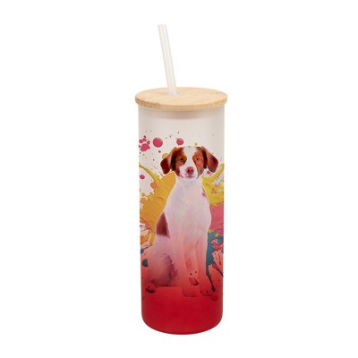 100 North 25 Ounce Frosted Glass Gradient Travel Tumbler With Straw & Wooden Lid, Brittany Spaniel Paint Splatter Red