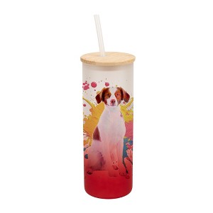 100 North 25 Ounce Frosted Glass Gradient Travel Tumbler With Straw & Wooden Lid, Brittany Spaniel Paint Splatter Red - 1 of 4