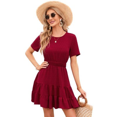 Coolmee Women's Summer Dresses Casual Square Neck Dresses Ruffle Short Sleeve   Dot Flowy Mini Dress