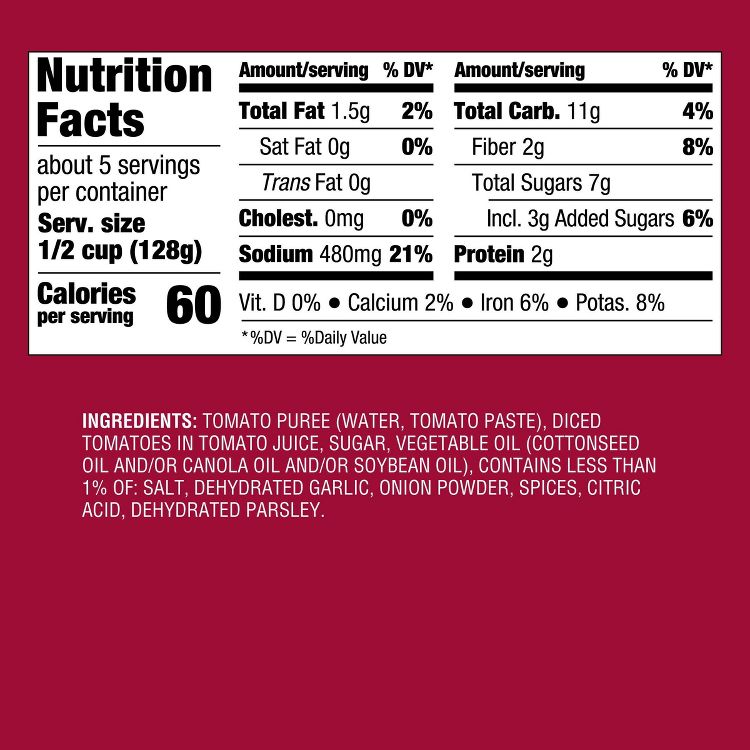 Nutrition label showing 60 calories per serving, with ingredients including tomato puree, diced tomatoes, sugar, vegetable oil, and spices.