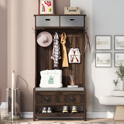 3-In-1 MDF Hall Tree Entryway With Bench Shoe Storage,Coat Rack With 6 Hooks And 2 Sliding Drawers,For Hallways,Living Room,Mudroom-Cuddlewood