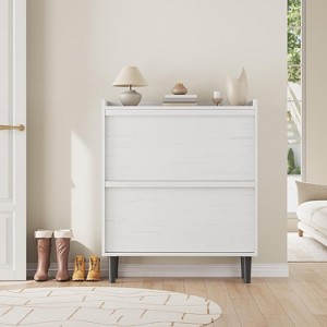 Wooden Shoe Cabinet with 2 Filp Drawers, 2-Tier Slim Shoe Rack with Adjustable and Removable Shelf, Narrow Freestanding Shoe Storage Organizer for - 1 of 4