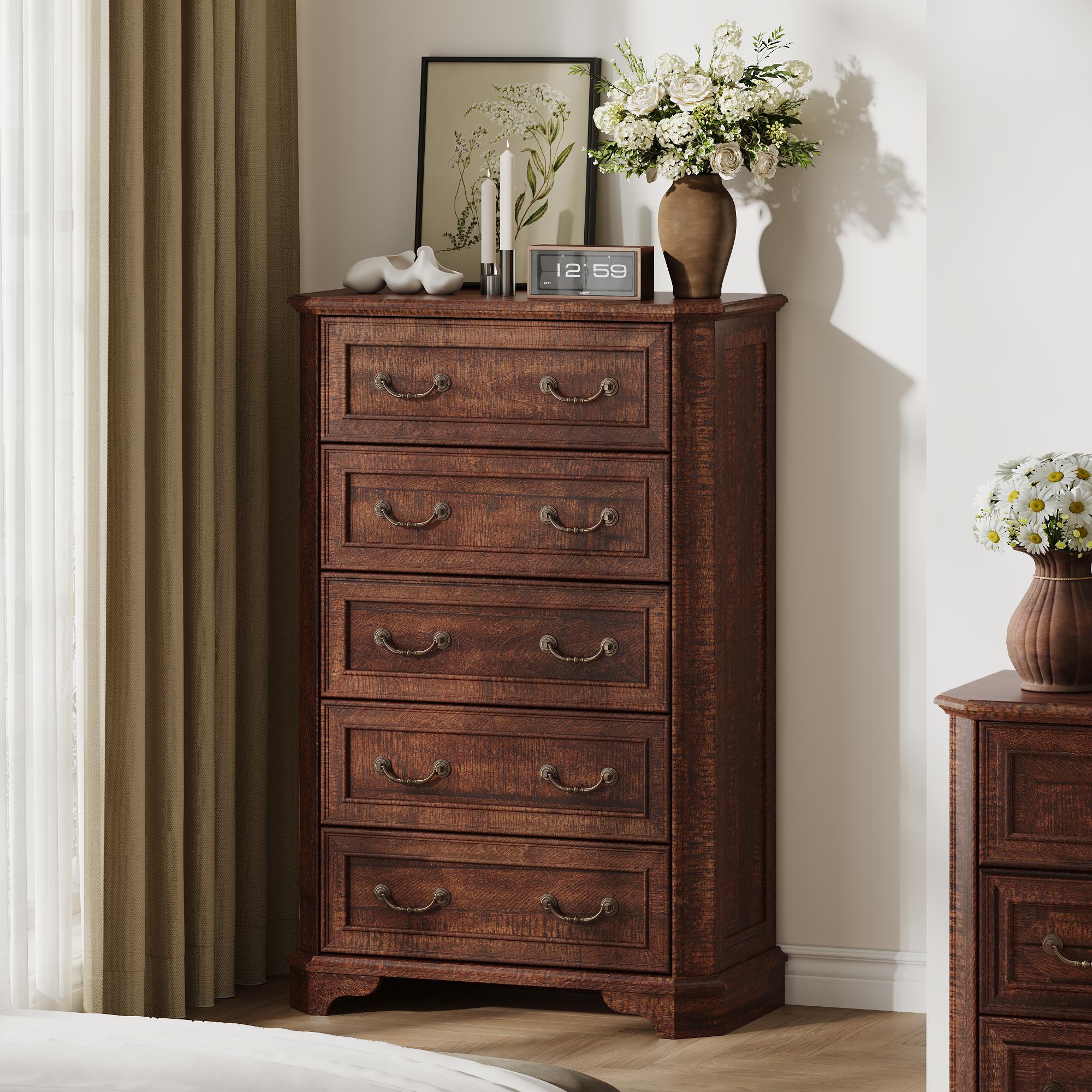Farmhouse 5 Drawers Dresser, 48" Tall Vintage Chest of Drawers, Dark Brown