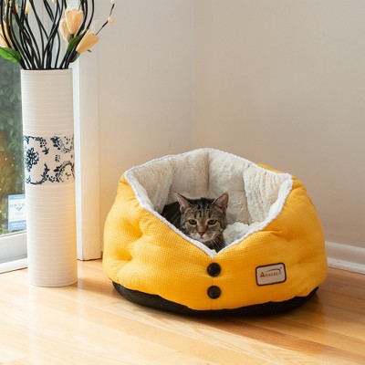 Small Gold Waffle and White Plush Cat Bed