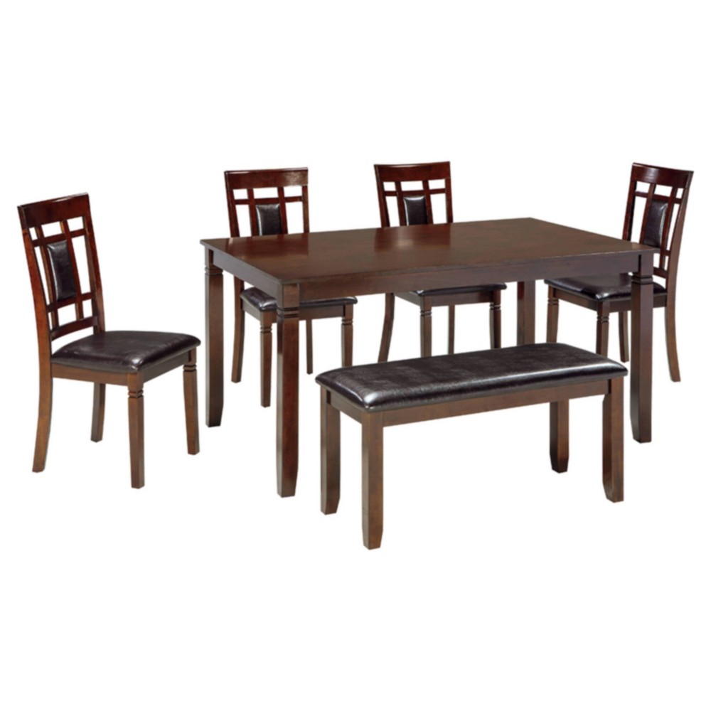 Signature Design by Ashley Bennox Dining Table Set Brown: 6-Piece Modern Rectangular Non-Extension Set with Bench & Upholstered Chairs