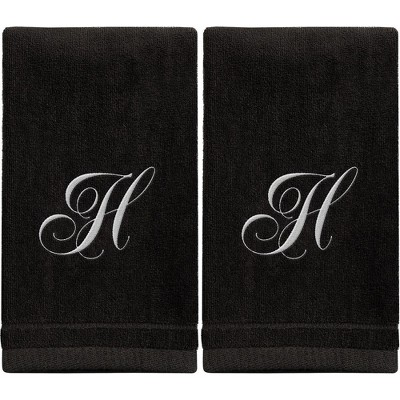 Creative Scents Black Fingertip Monogrammed Towels White Embroidered