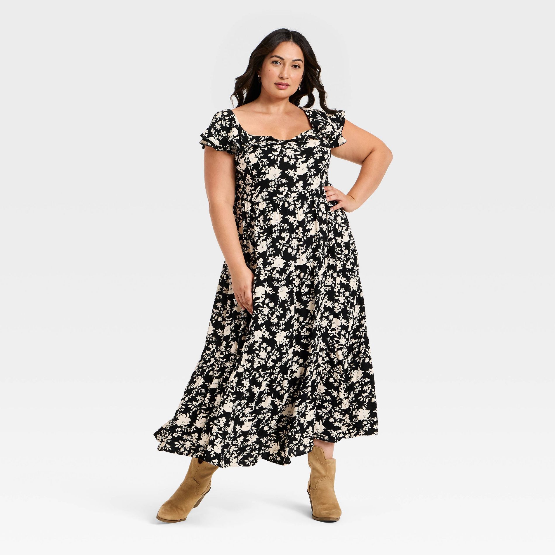 Women's Flutter Cap Sleeve Tiered Maxi A-Line Dress - Ava & Viv™ Black/Tan Floral