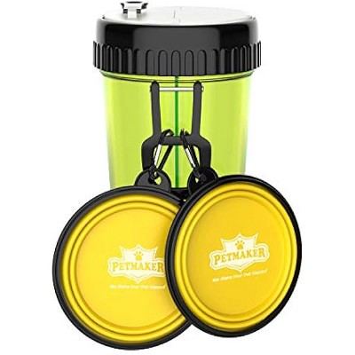 3-In-1 Travel Pet Feeding Containers-Complete 5-PC Set of 2 Collapsible Bowls, 1 Dual Sided Bottle for Food and Water, 2 Carabiner Clips by Petmaker