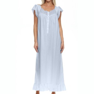 ADR Women's Cotton Nightgown, Short Sleeve Lace Trimmed Button Up Long Vintage Night Dress Gown - 1 of 4