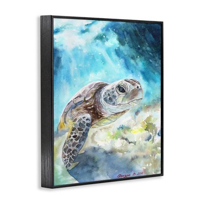 Sea Turtle Blue Watercolor Canvas Print with Black Frame, 16x20