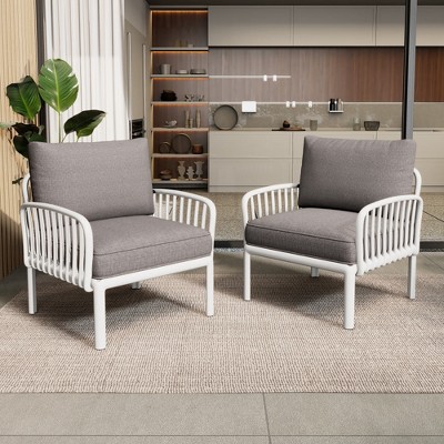 Chic Crate-Set of 2 Modern Outdoor Patio Club Chairs with All-Weather Waterproof Thick Cushions, Deep Seating  White & Light Gray