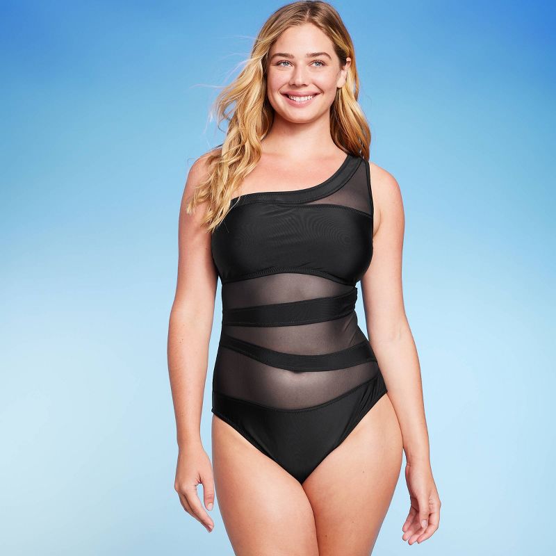 Women's Mesh Front Asymmetrical One Shoulder One Piece Swimsuit - Shade & Shore™ Black, 3 of 7