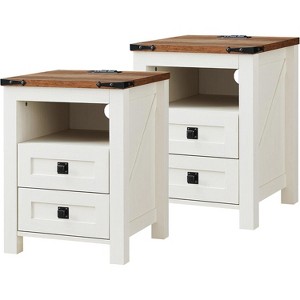 Nightstand Set of 2, Farmhouse End Table with Charging Station & 2 Drawers, 18″ Wood Bedside Table for Bedroom/Living Room/Hallway - 1 of 4