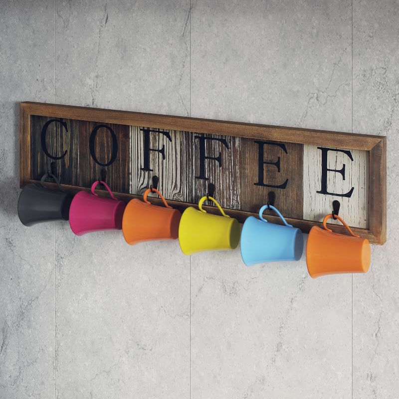 Emma and Oliver Distressed Rustic Coffee Sign with 6 Sturdy Metal Hooks to Accommodate Most Mug Sizes, 5 of 12