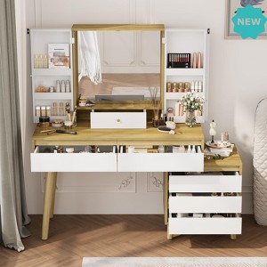 Jojoka Makeup Vanity Desk with Mirror, 6 Drawers, Double Door Cabinet, Rechargeable LED Light, Motion Sensor, and Open Shelves - 1 of 4