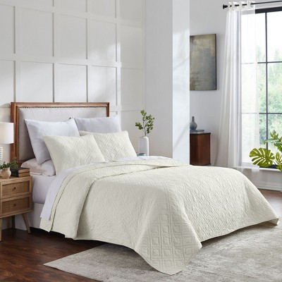 Ivory Diamond Pattern Hand-Quilted Full Cotton Quilt Set